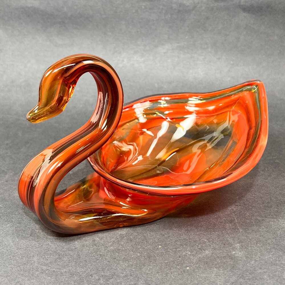 Vtg Sooner Art Glass Swan Bowl Trinket Dish Hand Blown Swirl Red Orange Amber